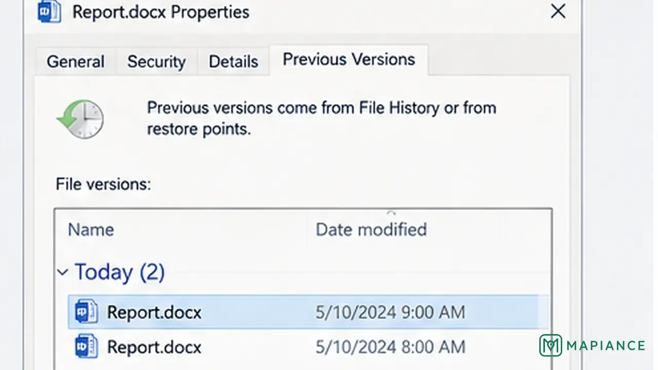 Person restoring an earlier healthy version of a Word document from recovery or version history.