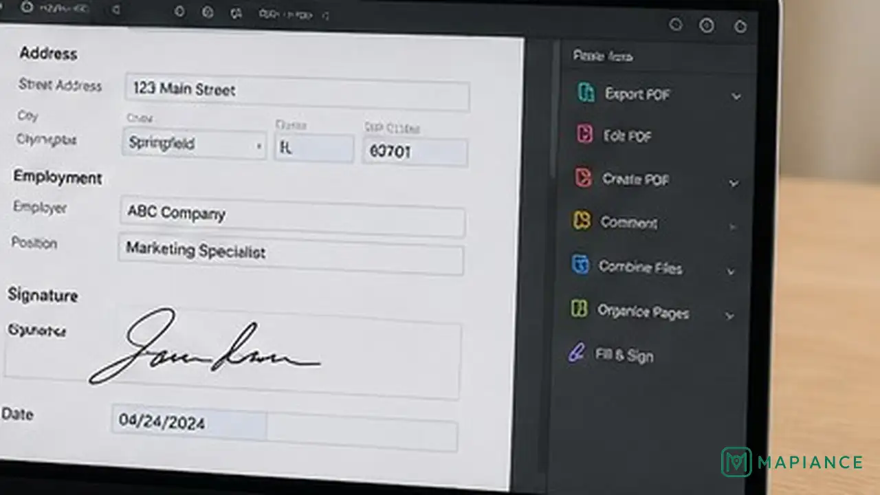 Person reviewing a completed PDF form on a laptop before signing it.