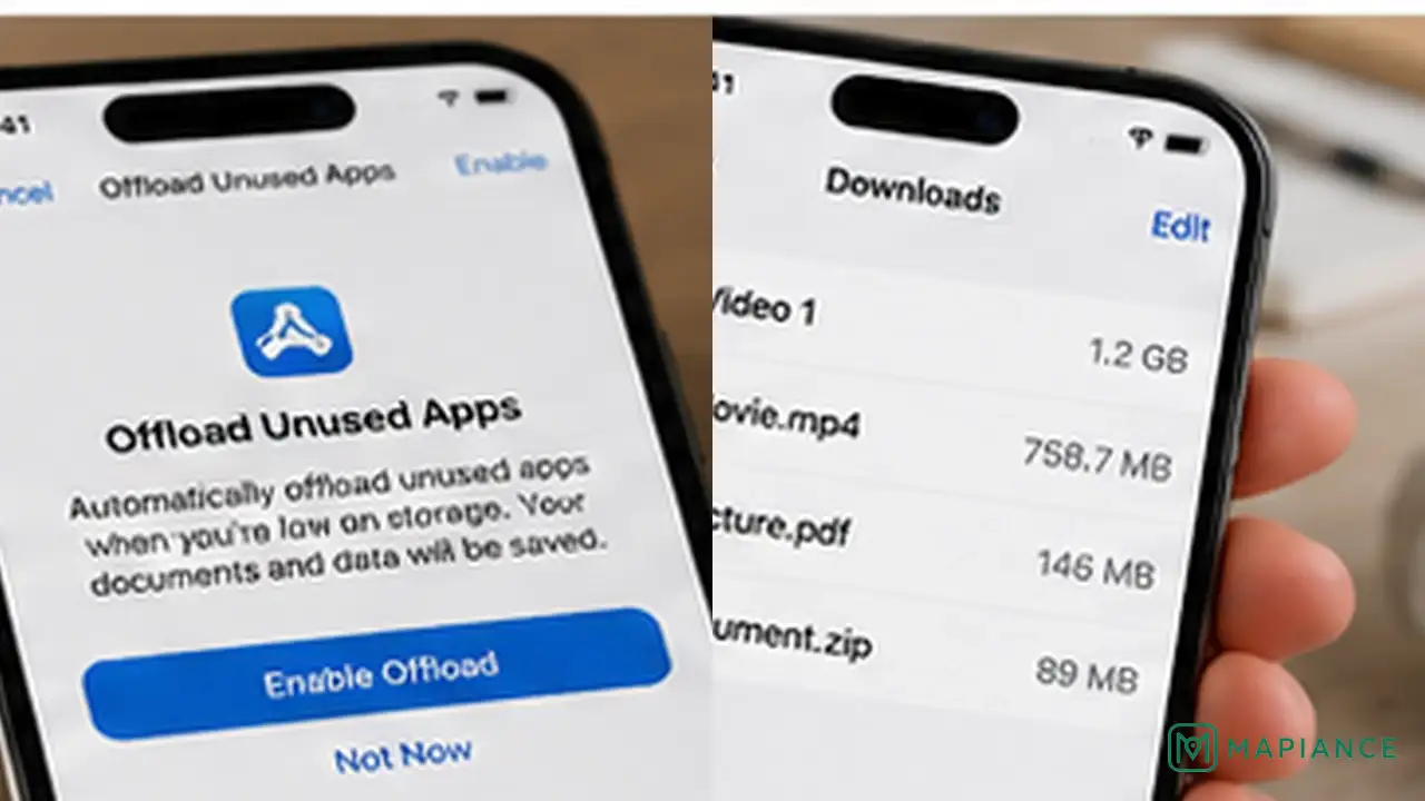 Person reviewing large iPhone apps and downloads to free space after photos have already been deleted.