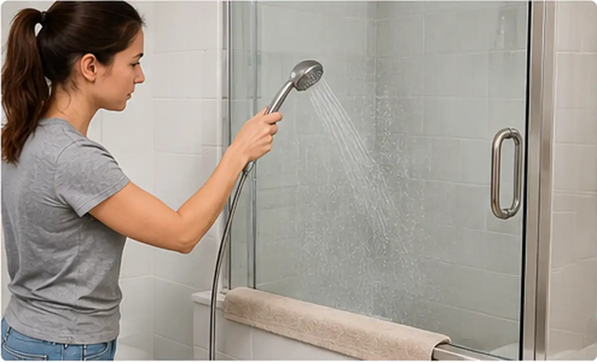 Person rinsing a glass shower door and placing a towel along the bottom edge before cleaning.