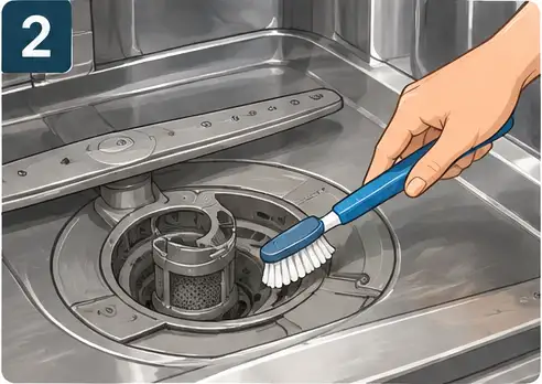 Person rinsing and gently scrubbing a removable dishwasher filter with a soft brush.