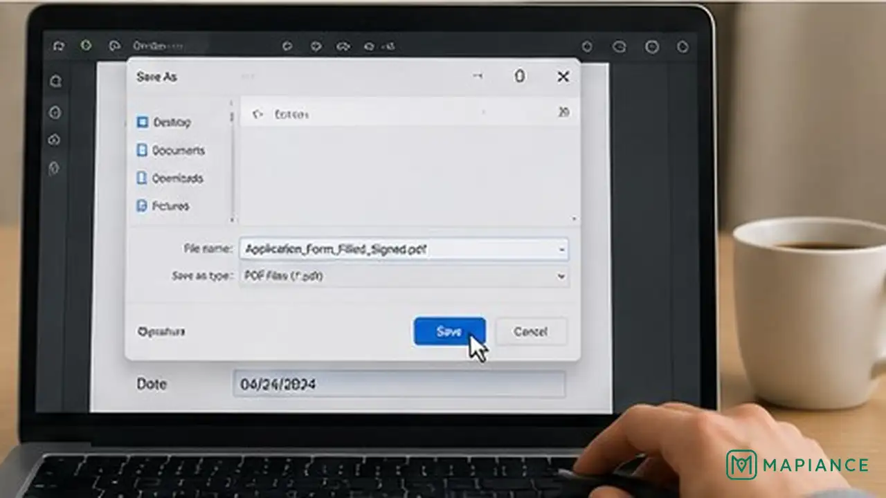 Person saving a completed and signed PDF form as a new final copy.