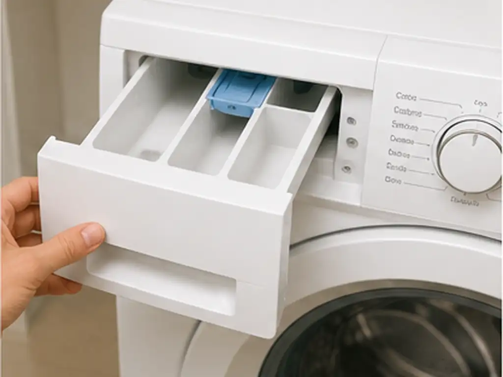Person scrubbing detergent residue from a removable washing machine detergent drawer.