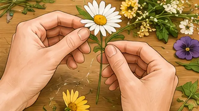 Person selecting fresh dry flowers and thin leaves that are suitable for pressing.