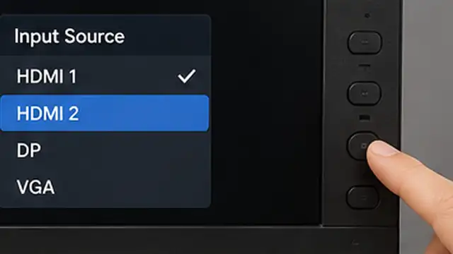 Person selecting the correct video input on a powered monitor connected to a computer.