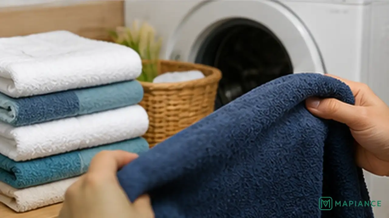 Person separating musty towels from clean laundry and checking a towel care label before washing.