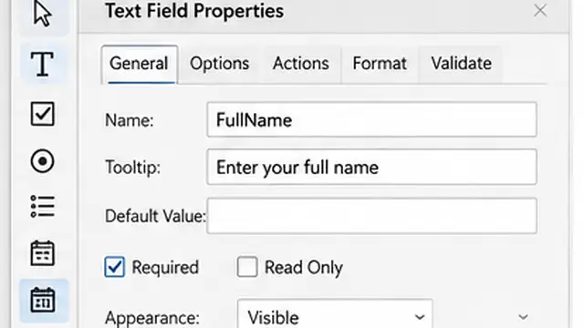 Person setting a PDF form field name, required option, tooltip, and multi-line properties.