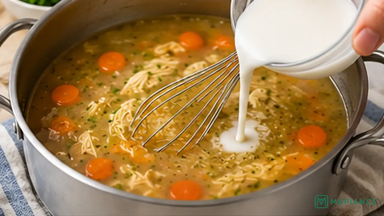 Person slowly stirring starch slurry into simmering soup to thicken it.