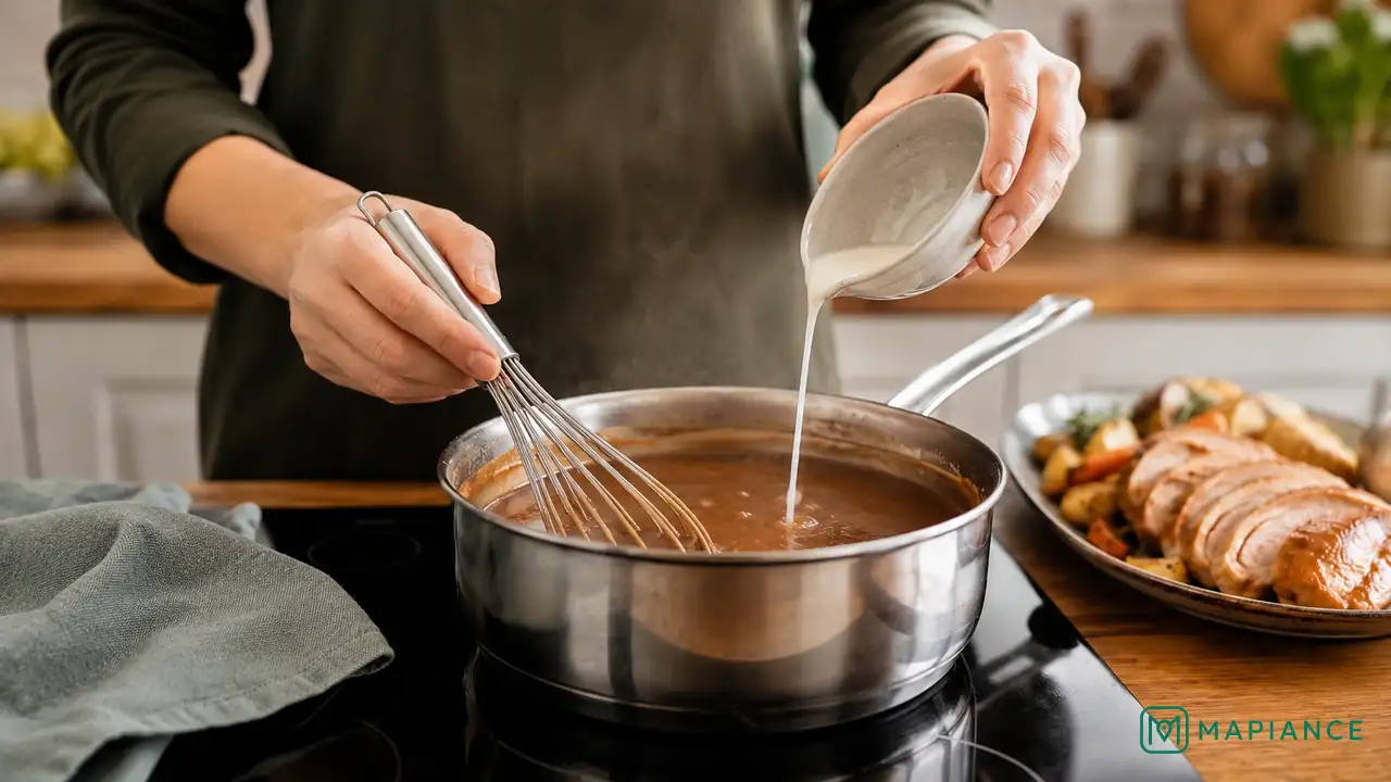 Person slowly whisking cornstarch slurry into simmering gravy.