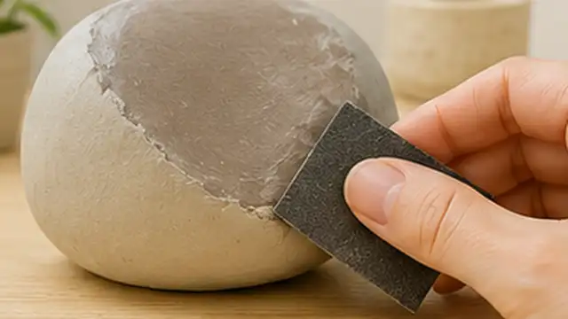 Person smoothing a fresh air-dry clay repair with a damp fingertip and clay tool.