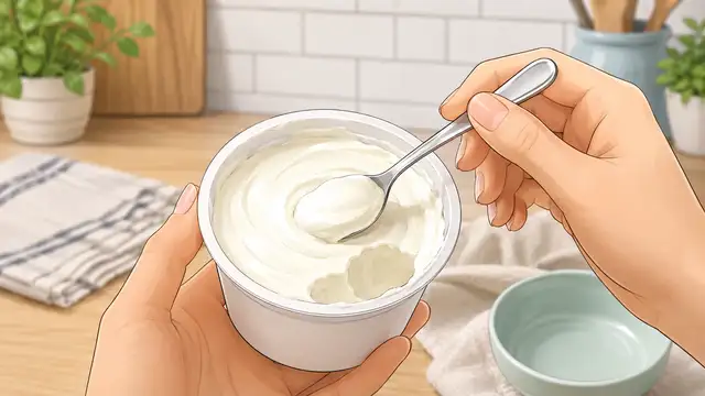 Person smoothing thick Greek yogurt in its container and making room for the cookies.