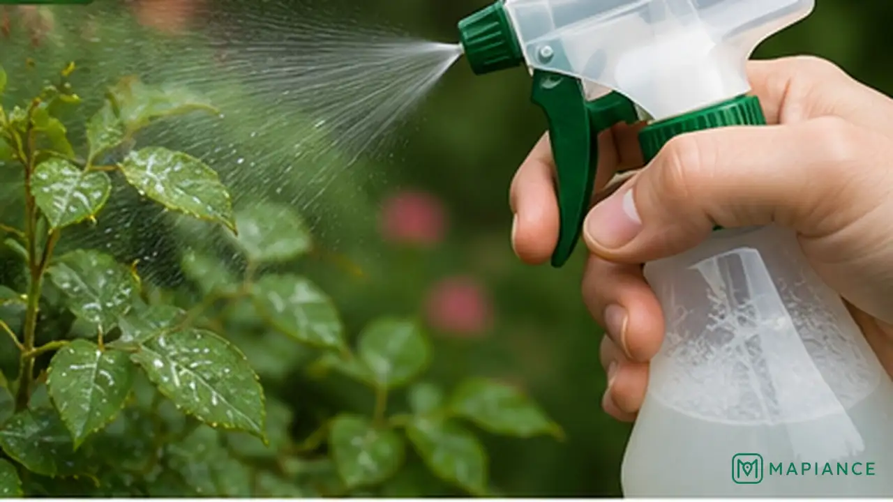 Person spraying a labeled powdery mildew treatment evenly over affected plant leaves.