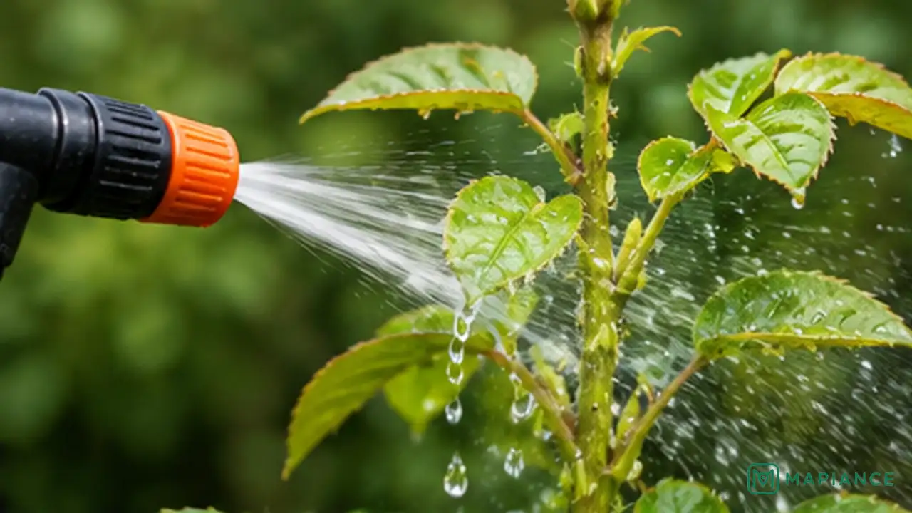 Person spraying aphids off plant leaves with a controlled stream of water.