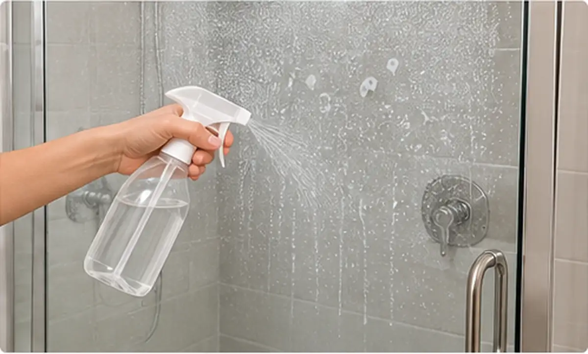 Person spraying vinegar and warm water onto hard water stains on a glass shower door.