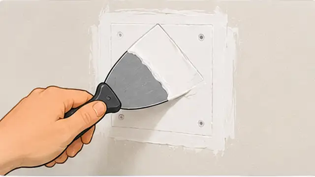 Person spreading a thin coat of joint compound over a drywall patch with a wide taping knife.