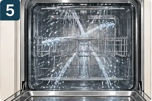 Person starting an empty dishwasher cleaning cycle with an approved dishwasher cleaner.