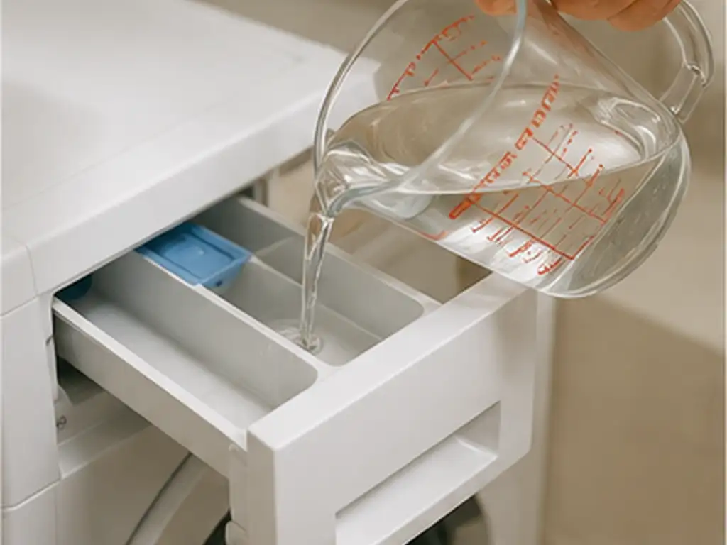 Person starting an empty washing machine cleaning cycle with an approved washer cleaner.