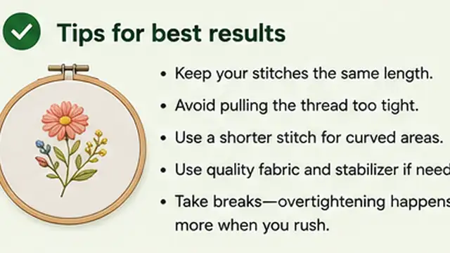 Person stitching smoothly tensioned fabric in a hoop with lightweight stabilizer supporting the embroidery.