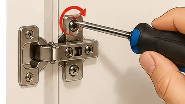 Person supporting a cabinet door while slightly loosening the hinge mounting screws for height adjustment.