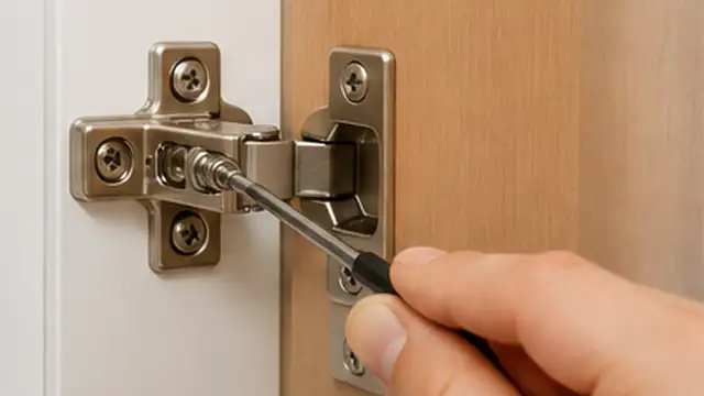 Person supporting a cabinet door while tightening loose concealed hinge screws.