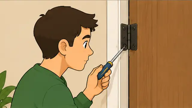 Person supporting an open door while tightening loose screws on the upper hinge.