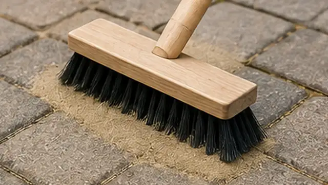 Person sweeping jointing sand into empty gaps between patio pavers.