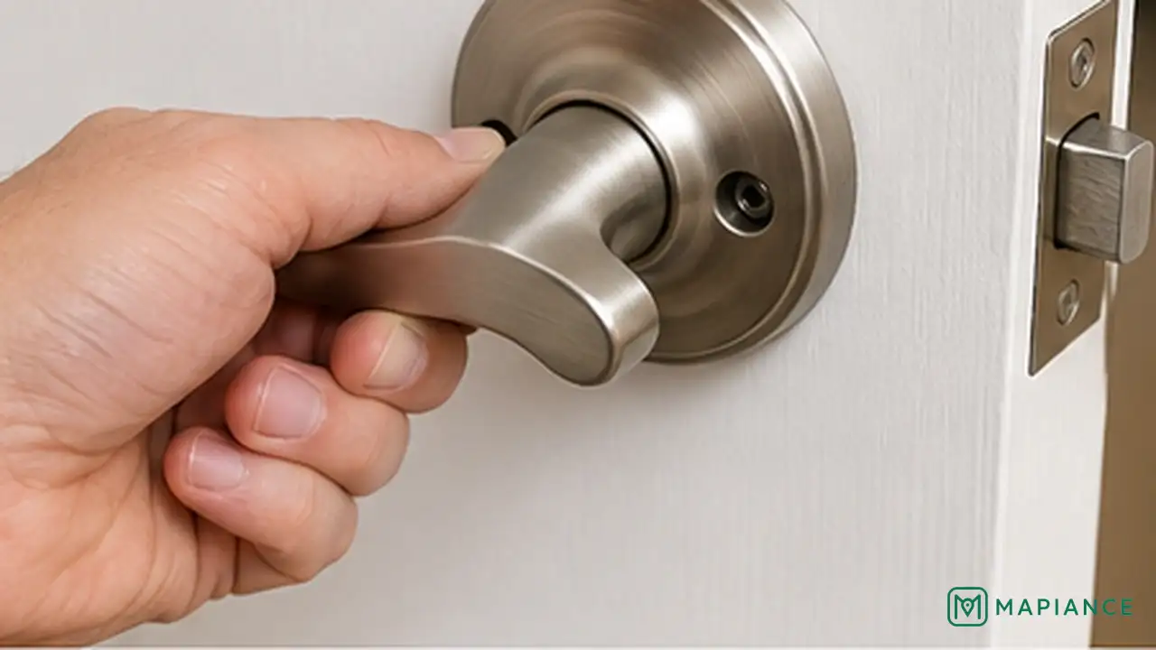 Person testing a firmly secured door handle after tightening and reassembly.