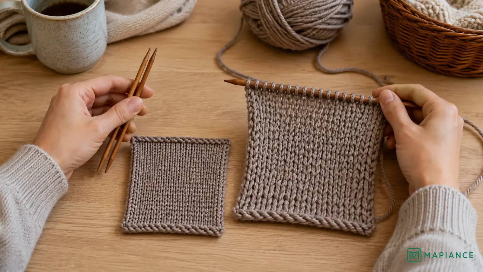 Person testing a larger knitting needle beside a dense tight swatch.