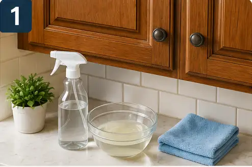 Person testing a mild cleaner on a hidden area inside a kitchen cabinet door.
