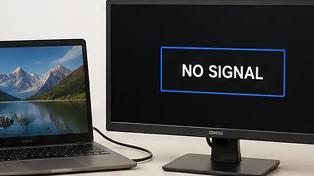 Person testing a monitor and computer with alternate devices to identify which one is causing the no-signal problem.