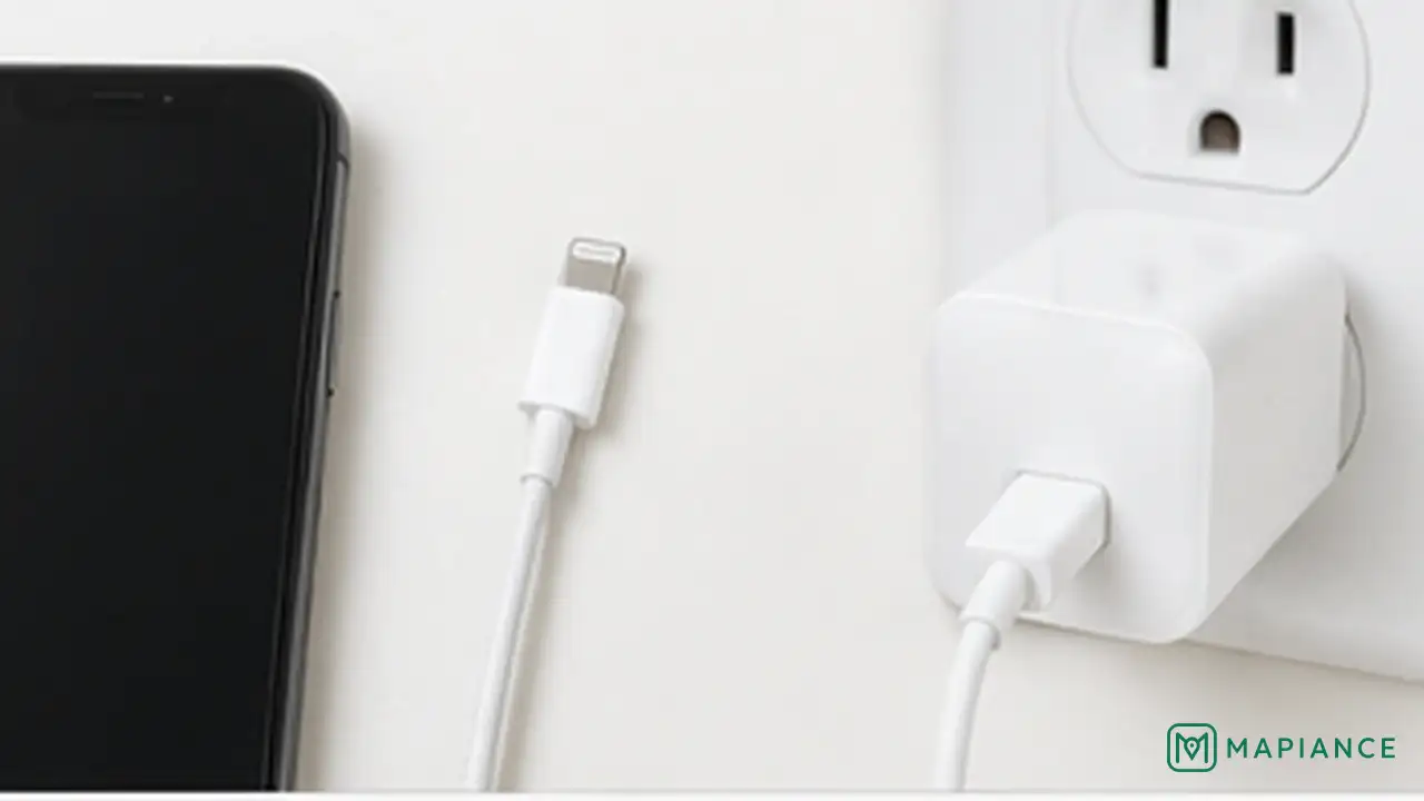 Person testing a phone with a known-good charging cable, power adapter, and wall outlet.