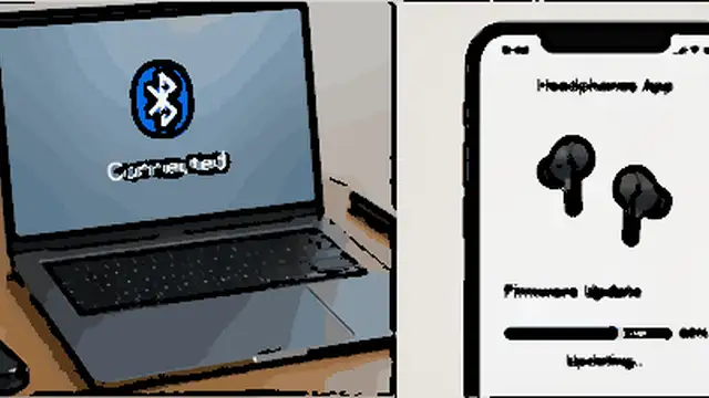 Person testing Bluetooth headphones with a phone and laptop to check whether both sides play sound.