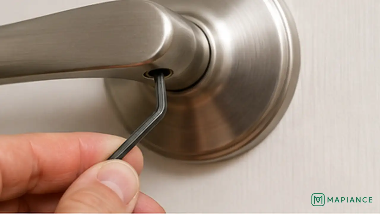 Person tightening the small set screw underneath a loose door lever.