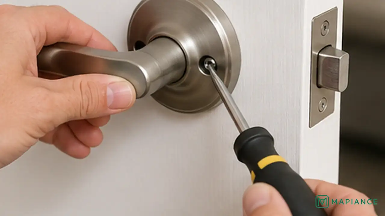 Person tightening the visible mounting screws on a loose door handle.