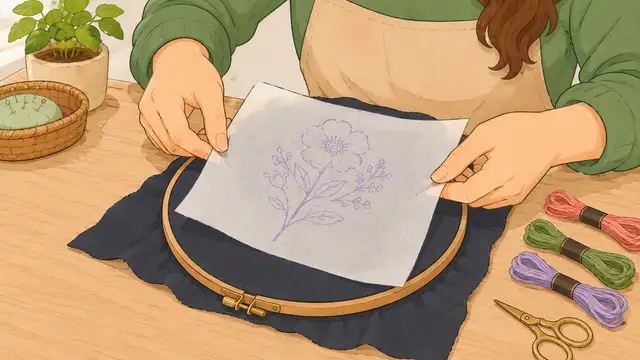 Person tracing an embroidery pattern onto light fabric with a removable fabric marker.