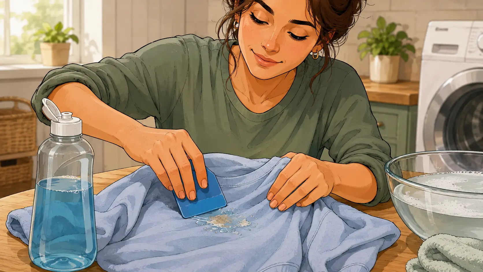 Person treating sticker residue on washable fabric with liquid laundry detergent before washing.