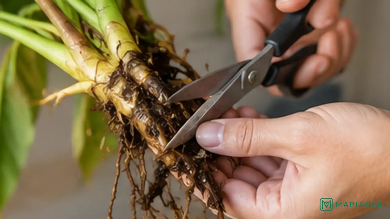 Person trimming rotten houseplant roots and repotting the healthy roots in fresh well-draining potting mix.