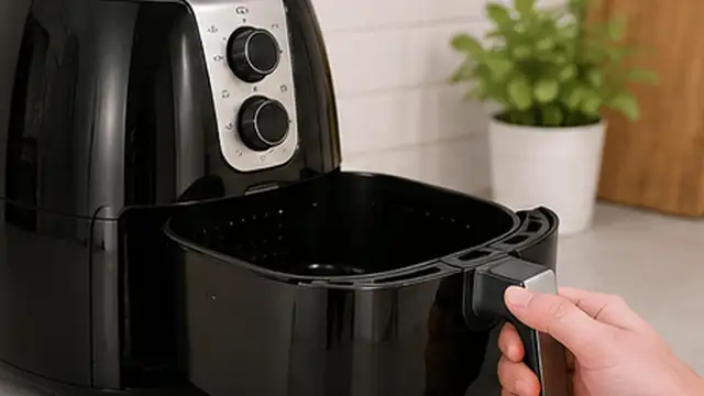 Person unplugging an air fryer and removing the cooled basket and crisper tray before cleaning.