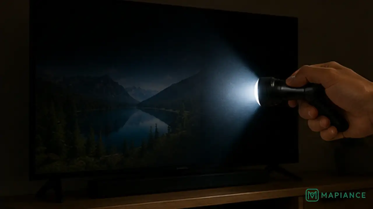Person using a flashlight on a dark TV screen to check for a faint image that may indicate backlight failure.