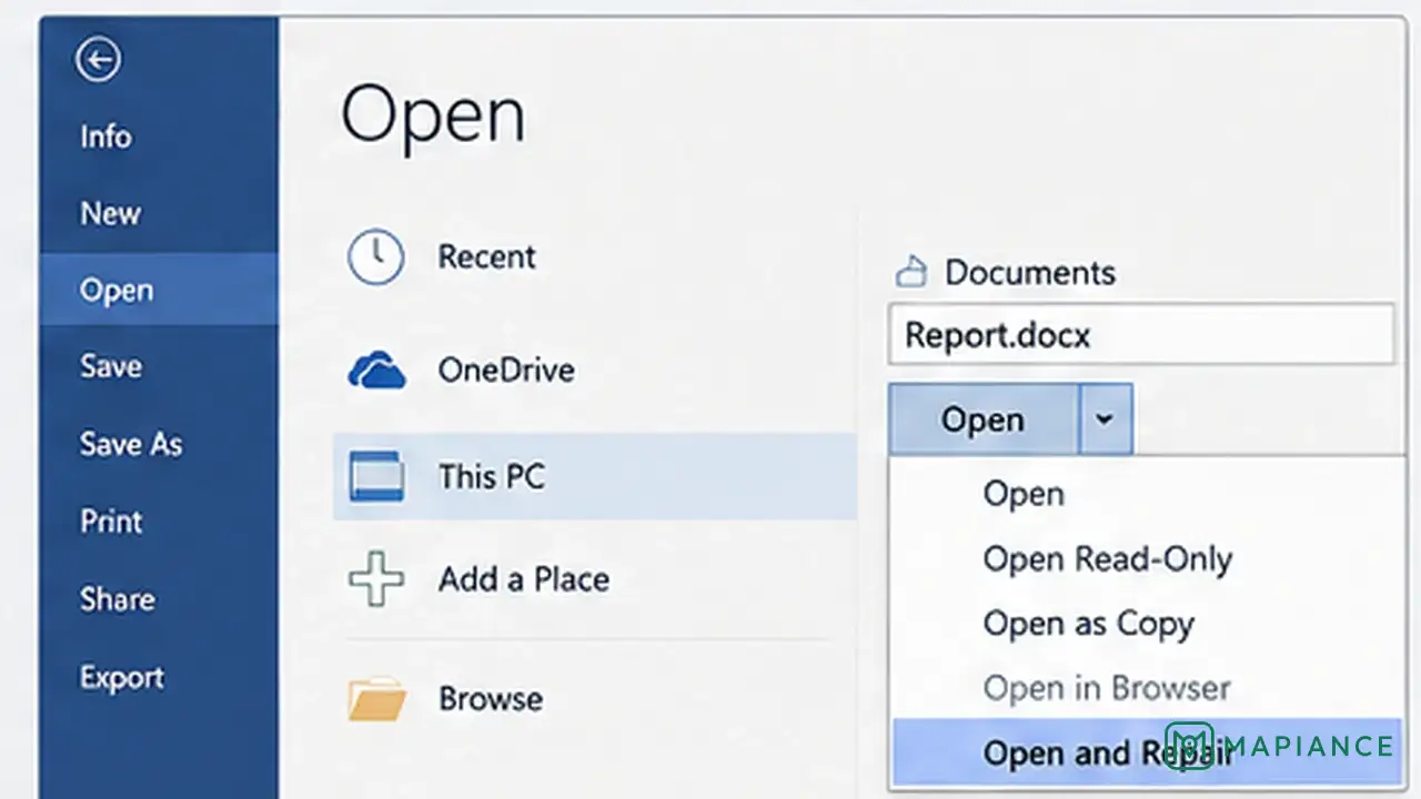 Person using Word Open and Repair on a corrupted document from the file open dialog.