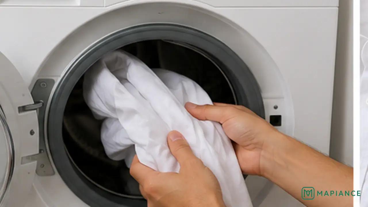 Person washing a pretreated white shirt in a lightly loaded washing machine.