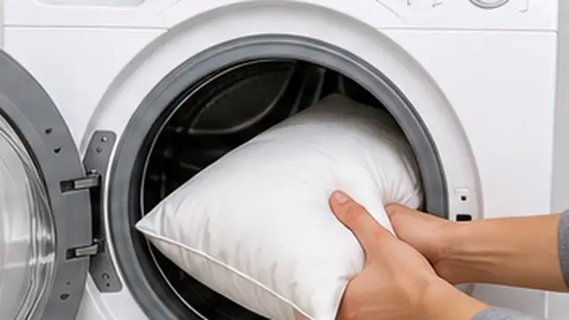 Person washing a washable pillow with laundry detergent according to the care label.