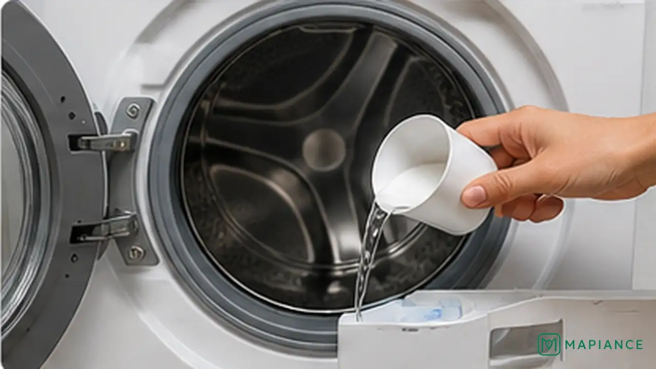 Person washing musty towels with laundry detergent using the warmest safe water temperature.