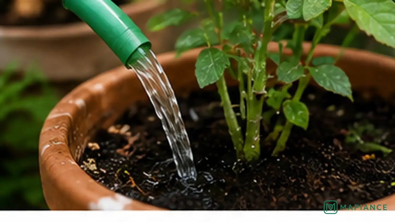 Person watering the soil around a plant while removing fallen mildew-infected leaves.