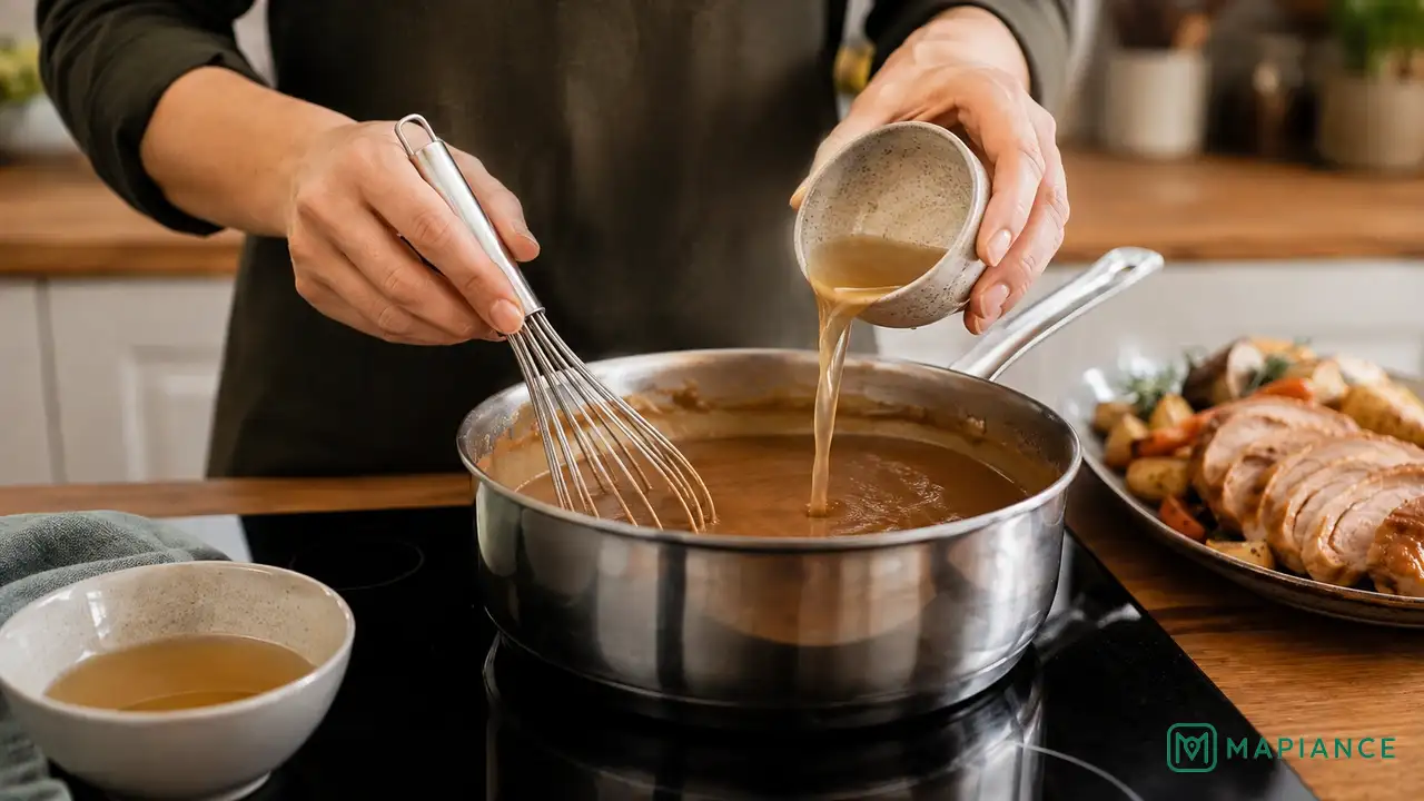 Person whisking a small amount of warm broth into gravy that became too thick.