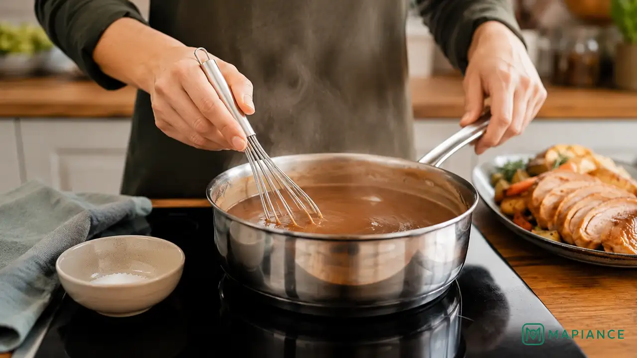 Person whisking thin gravy while it simmers uncovered in a pan.