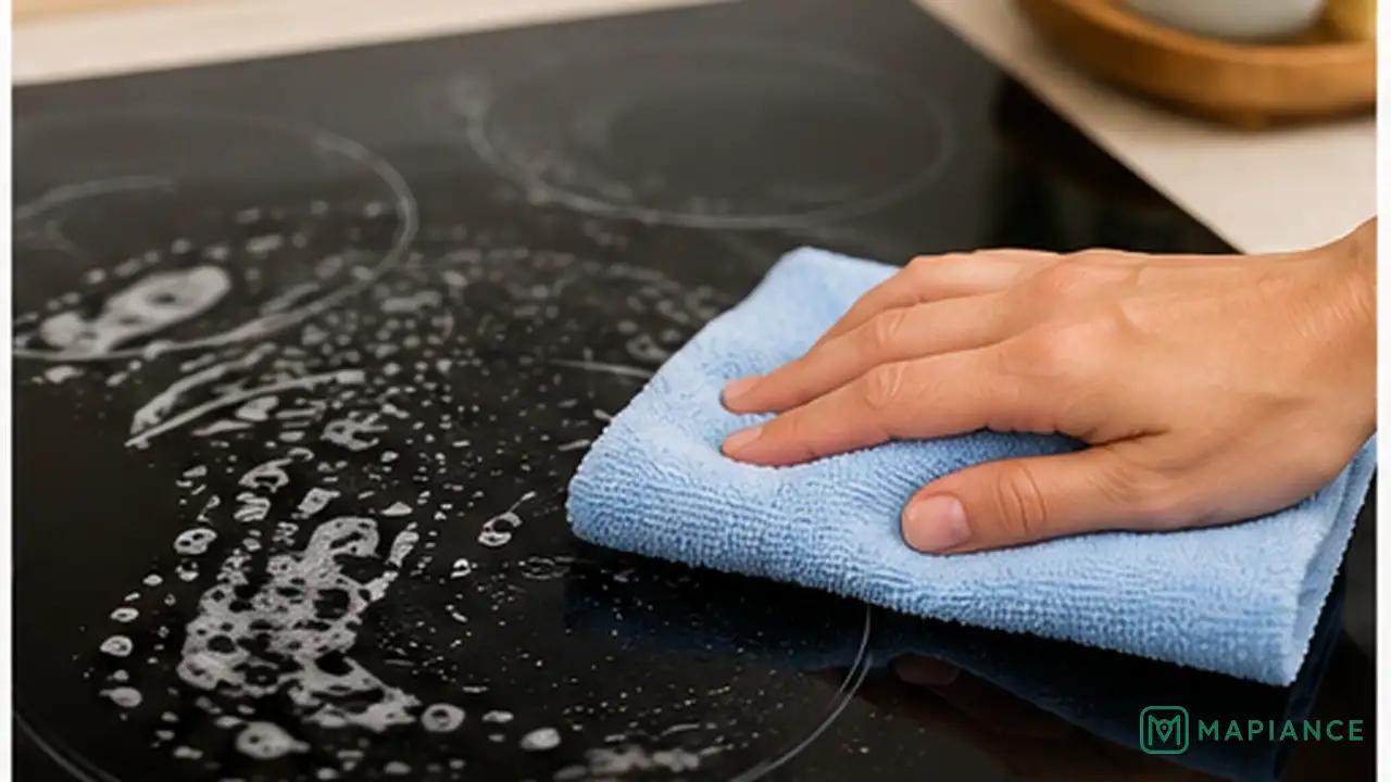 Person wiping a stovetop gently with a damp microfiber cloth and mild soapy water.
