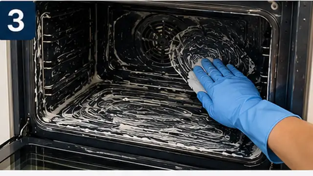 Person wiping grease and food residue from a cool oven interior with a soft damp cloth.