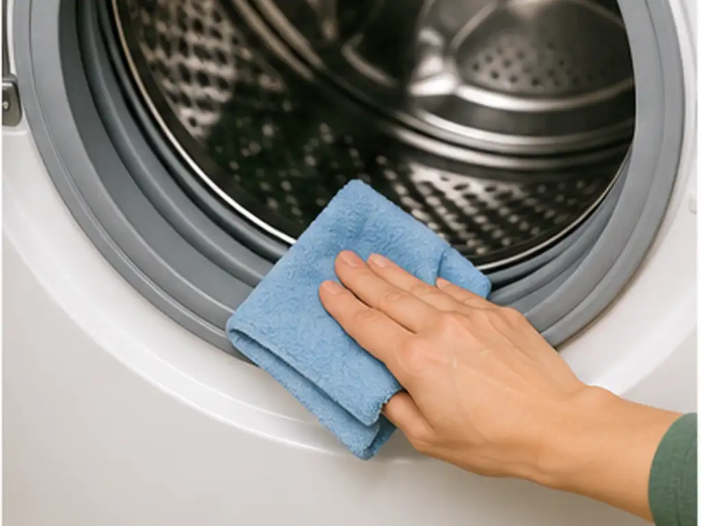 Person wiping residue from the rubber door seal and drum of a front-loading washing machine.