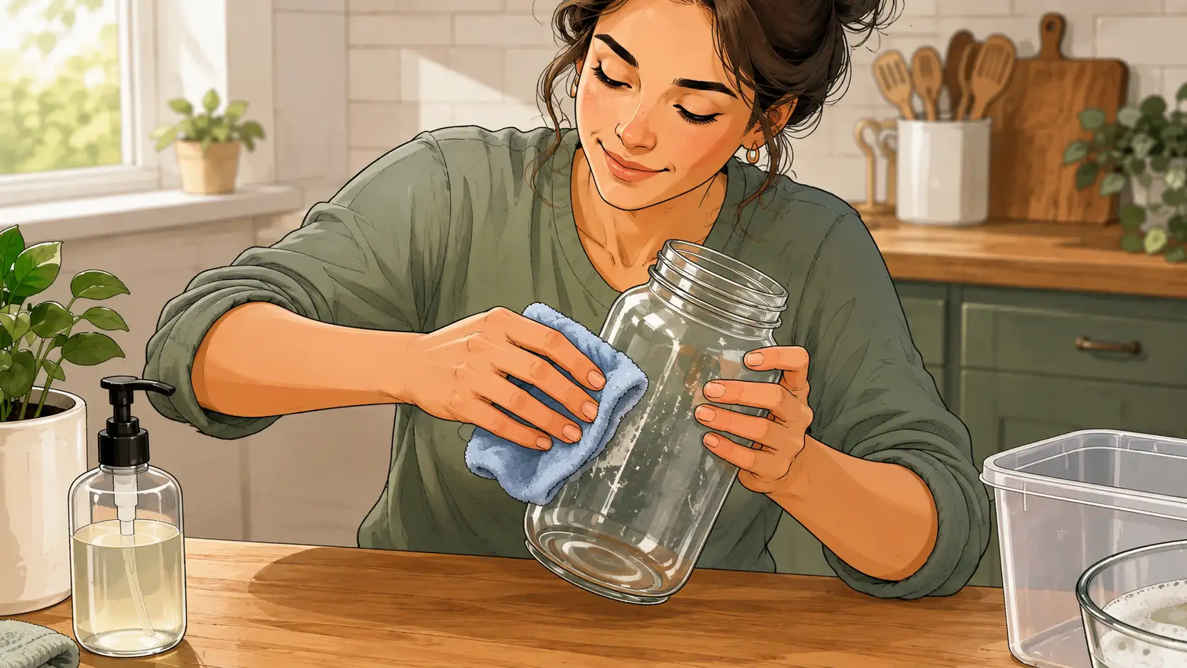 Person wiping sticker residue from a plain glass jar with a lightly dampened microfiber cloth.